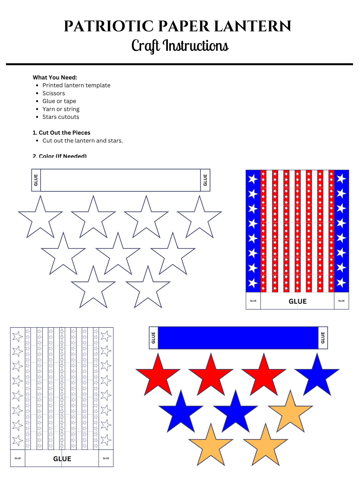 Independence day crafts- lantern with stars and stripes black and white and colored printed pdf file- kids activities blog