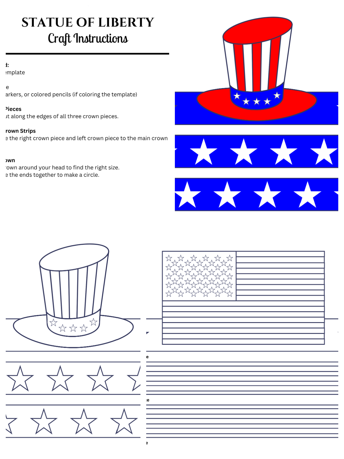 Independence Day Crafts- black and white and colored printed pdf file crowns- kids activities blog