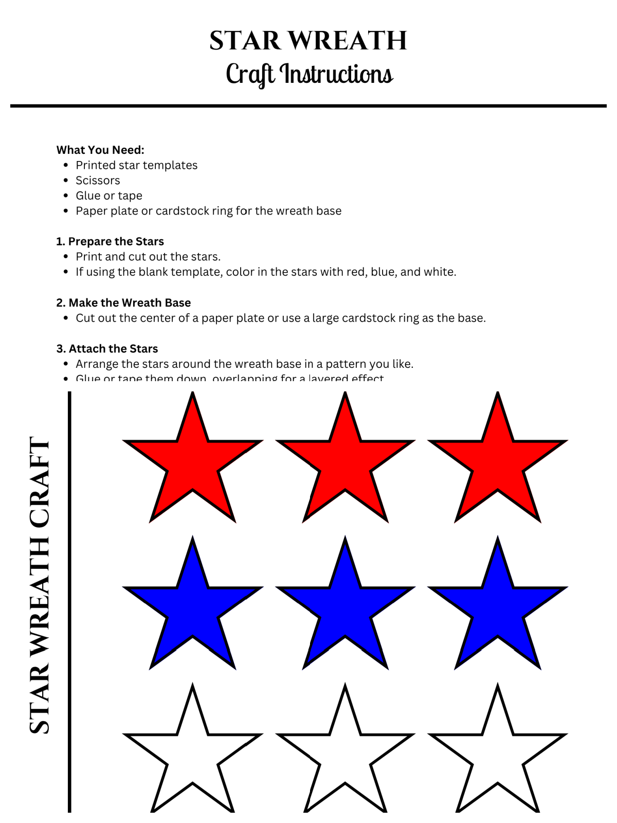 Independence Day Craft- colored and black and white printed pdf file star wreath with instructions- kids activities blog