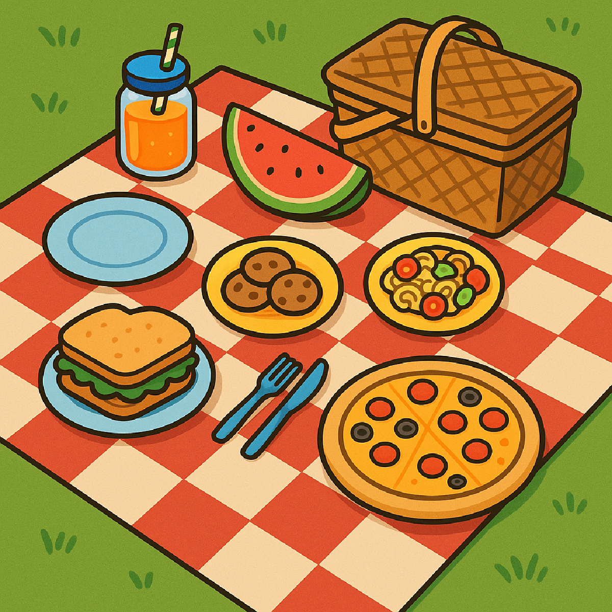 Picnic with a blanket, food, silverware, and basket- kids activities blog