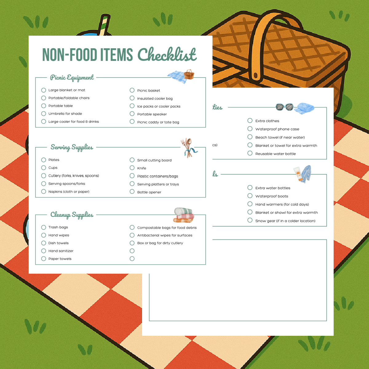 Picnic planner- Page 1-2- printable pdf file in color of non food checklist on a picnic background- kids activities blog
