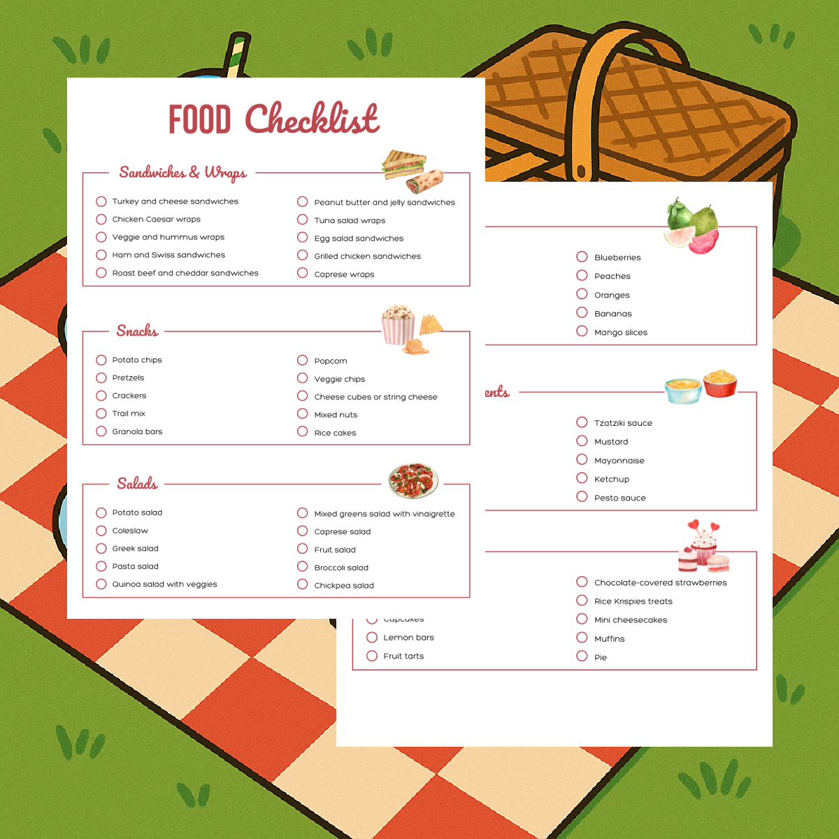 Picnic Planner- Page 3-4- food check list printed pdf file in color on picnic background- kids activities blog