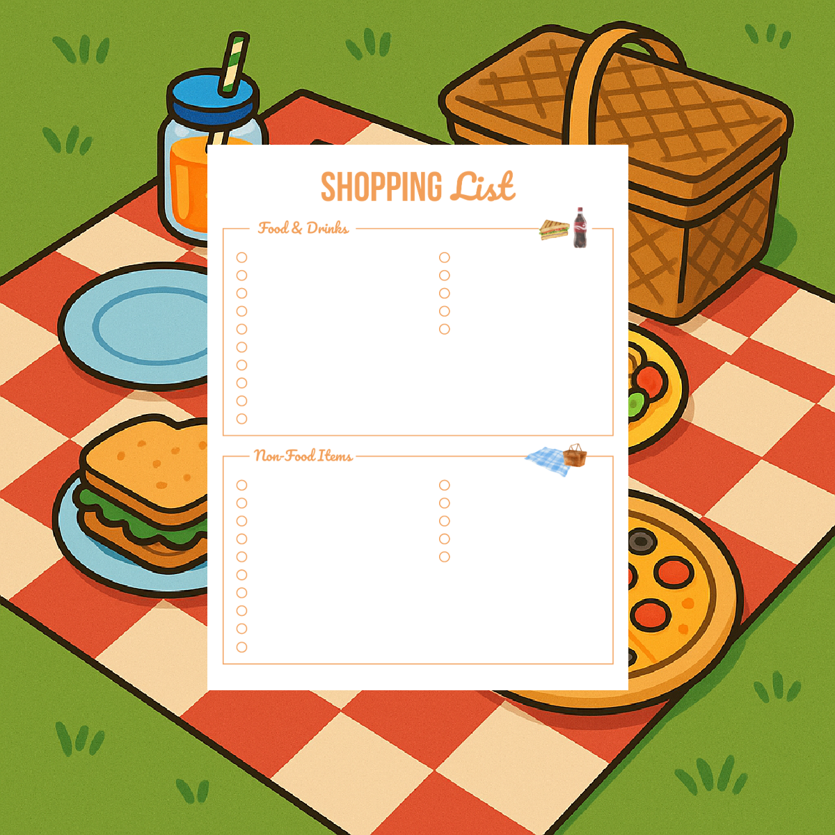 Picnic planner- page 3- shopping list printed pdf file in color on a picnic background- kids activities blog