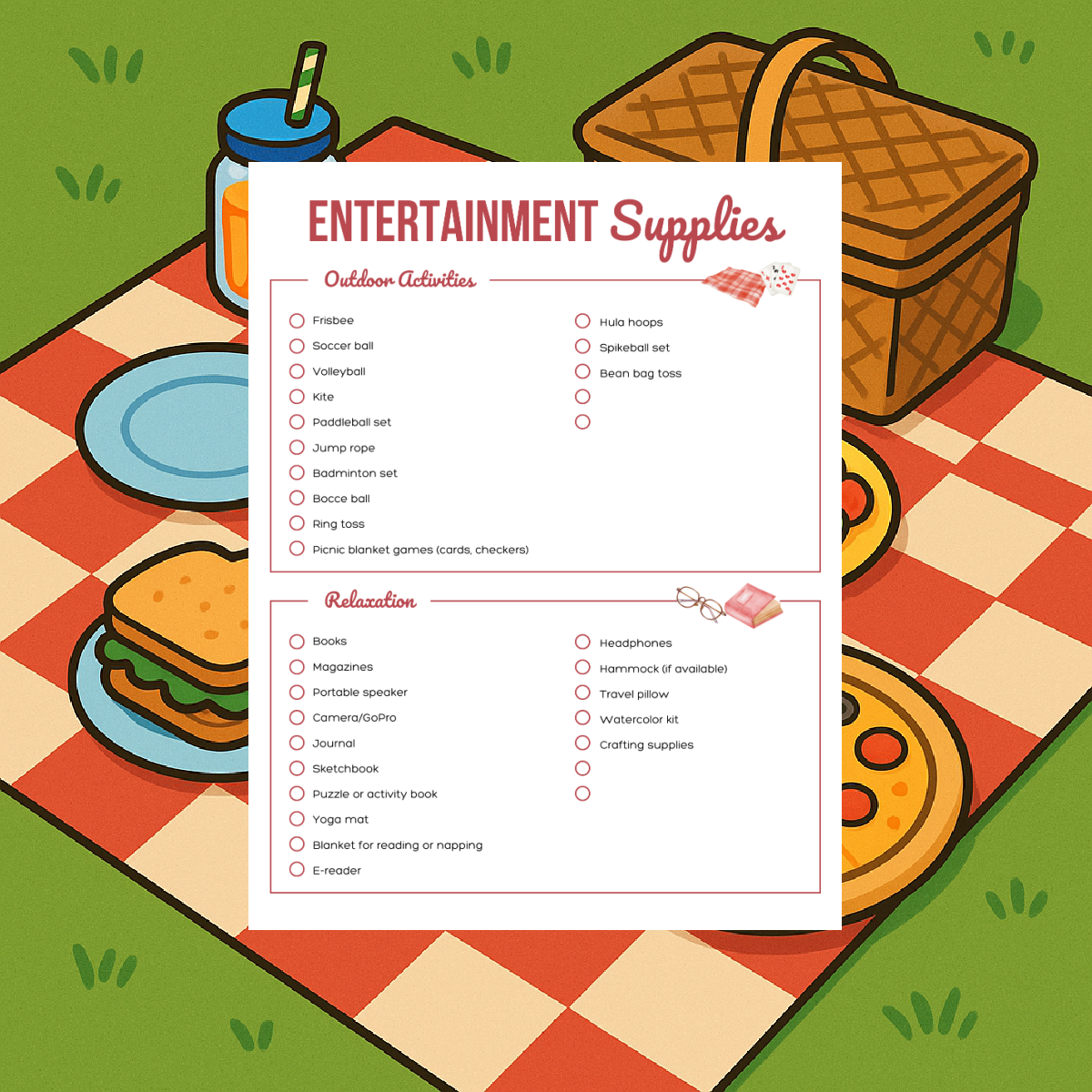 Picnic planner- page 6- entertainment supply list printed pdf file in color on a picnic background- kids activities blog