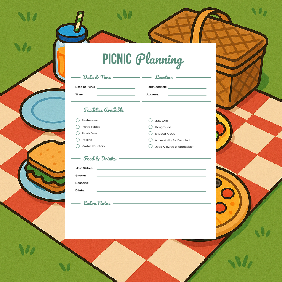 Picnic Planner- Page- 7- more planning printed pdf file in color on a picnic background- kids activities blog