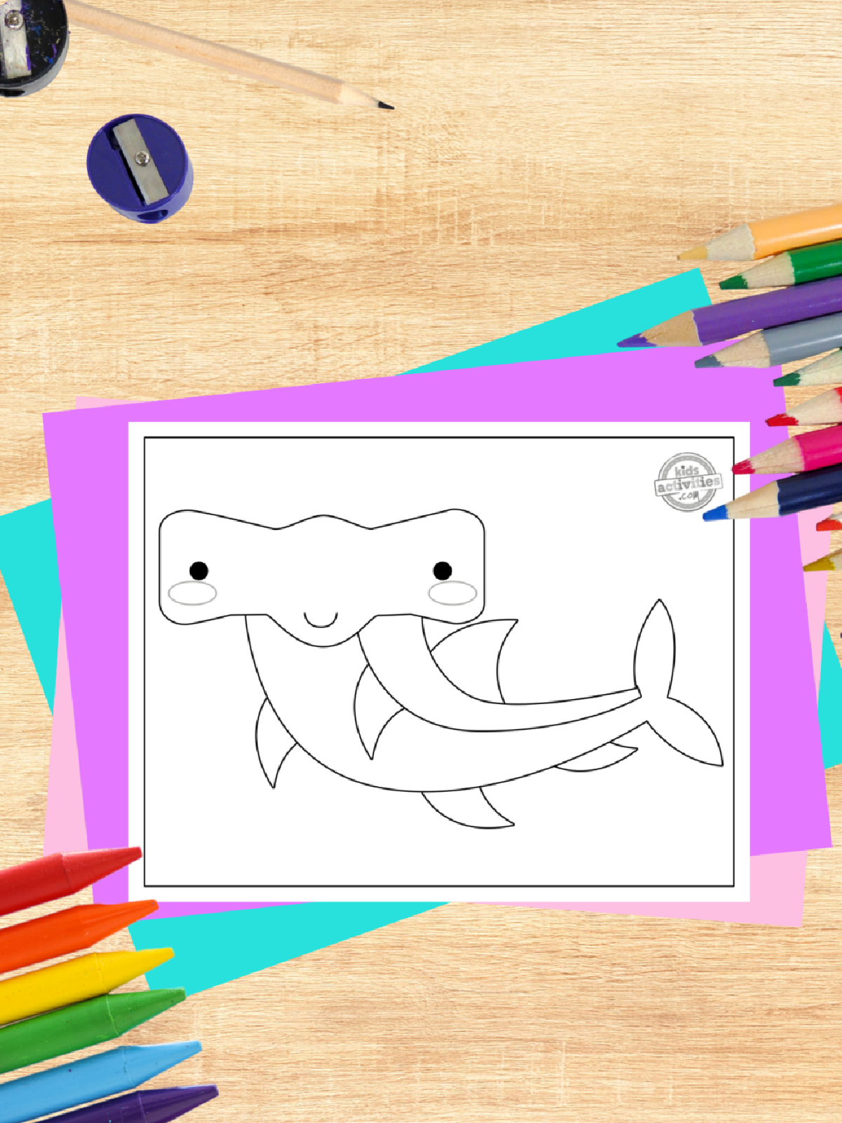Shark Coloring Page- Hammerhead shark printed pdf black and white with coloring accessories- kids activities blog
