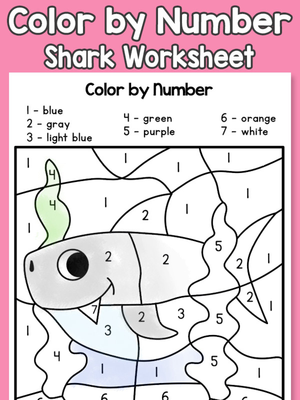 Shark Color By Number- simple half colored printable with a shark-Kids Activities Blog