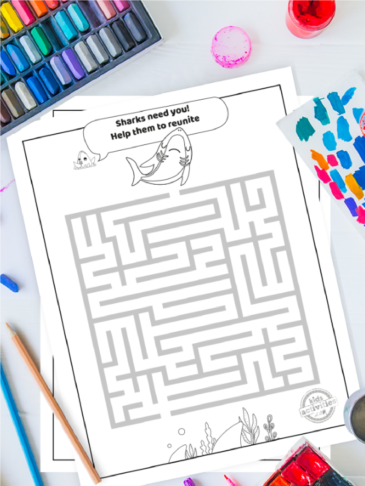 Shark Puzzles- Shark mazes black and white on a colorful background-Kids Activities Blog