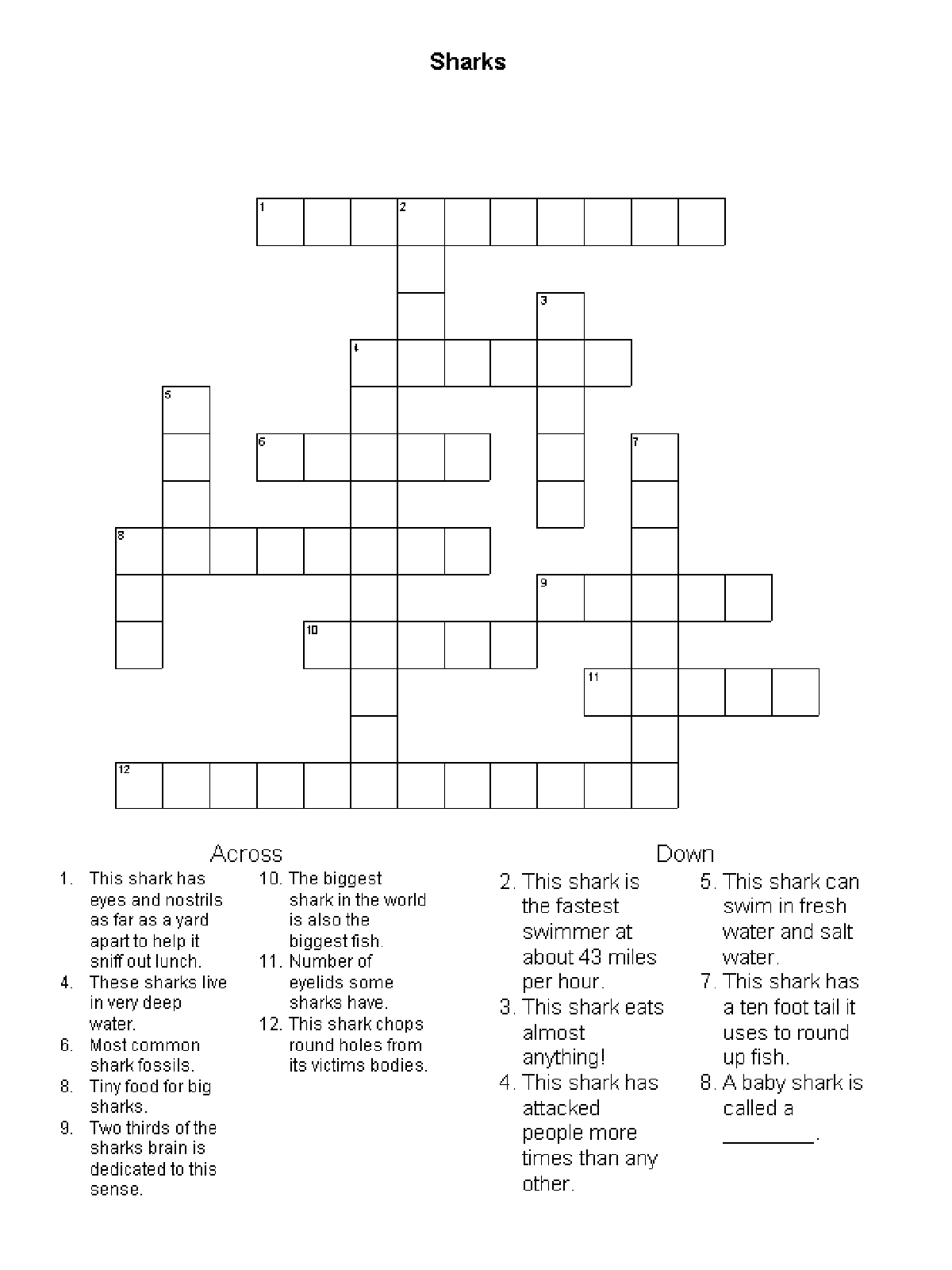 Shark Puzzles- black and white plain shark fact crossword -Kids Activities Blog