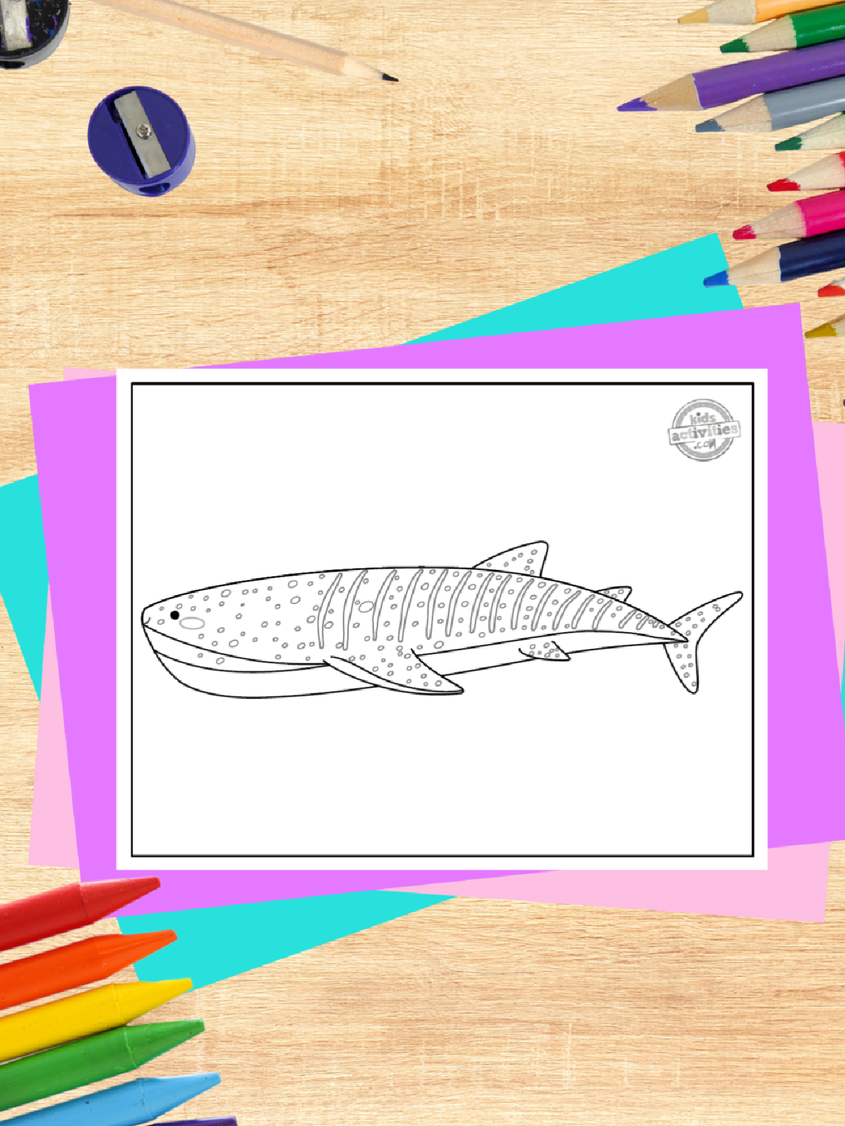 Shark Coloring page black and white printed pdf on a colorful background with coloring accessories- kids activities blog