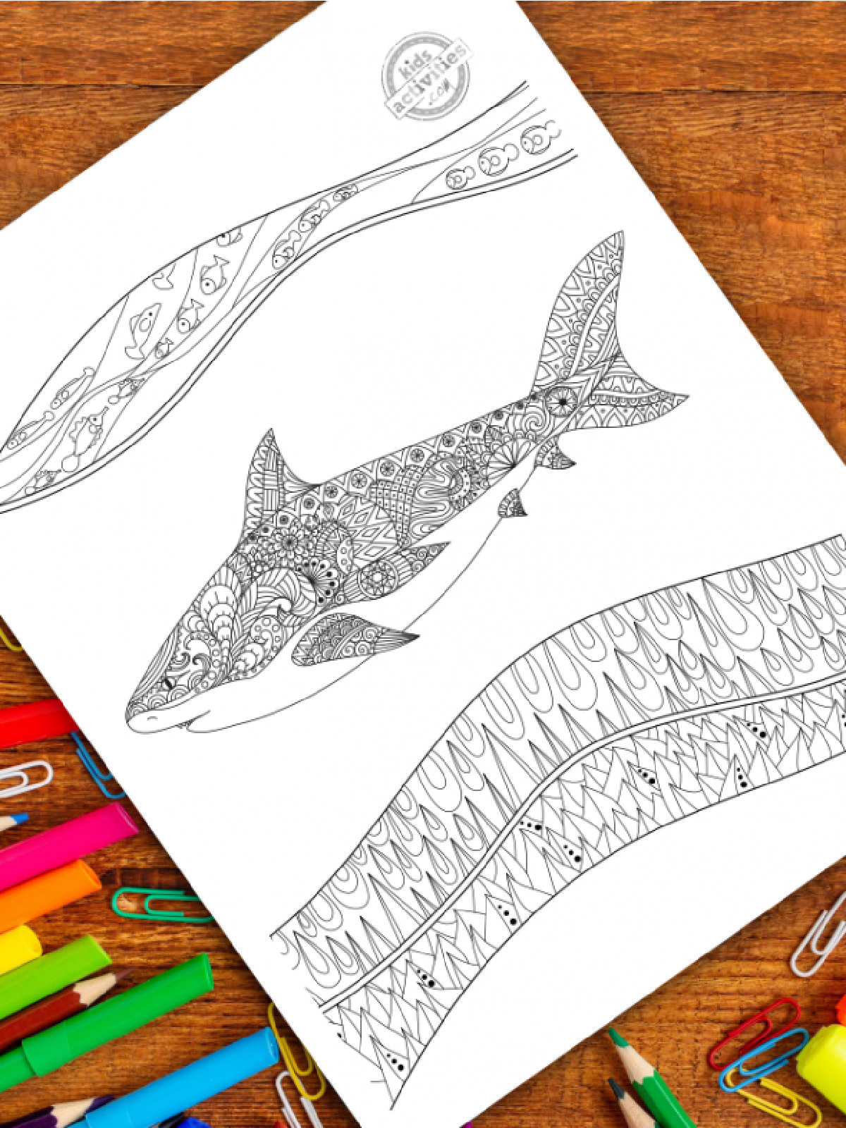 Shark Coloring Pages- Zentangle shark printed pdf file black and white- kids activities blog