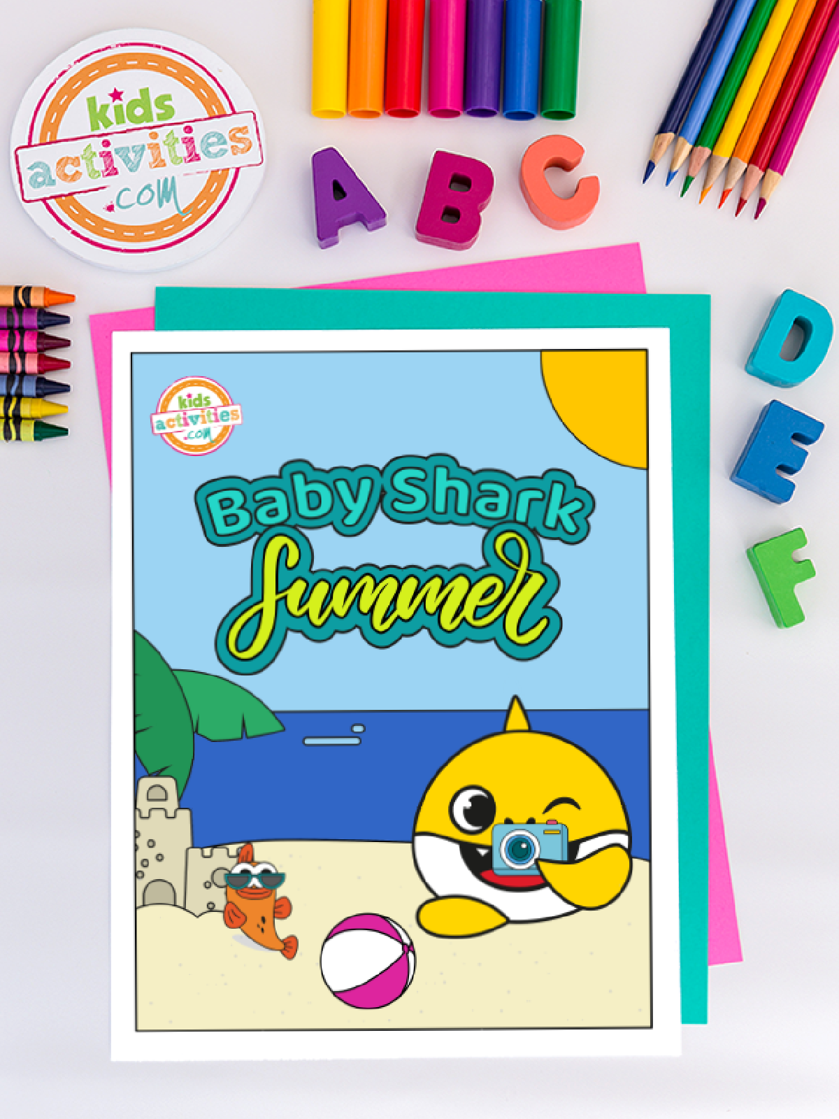 Shark coloring page- baby shark summer colored and black and white printed pdf file with a colorful background- kids activities blog