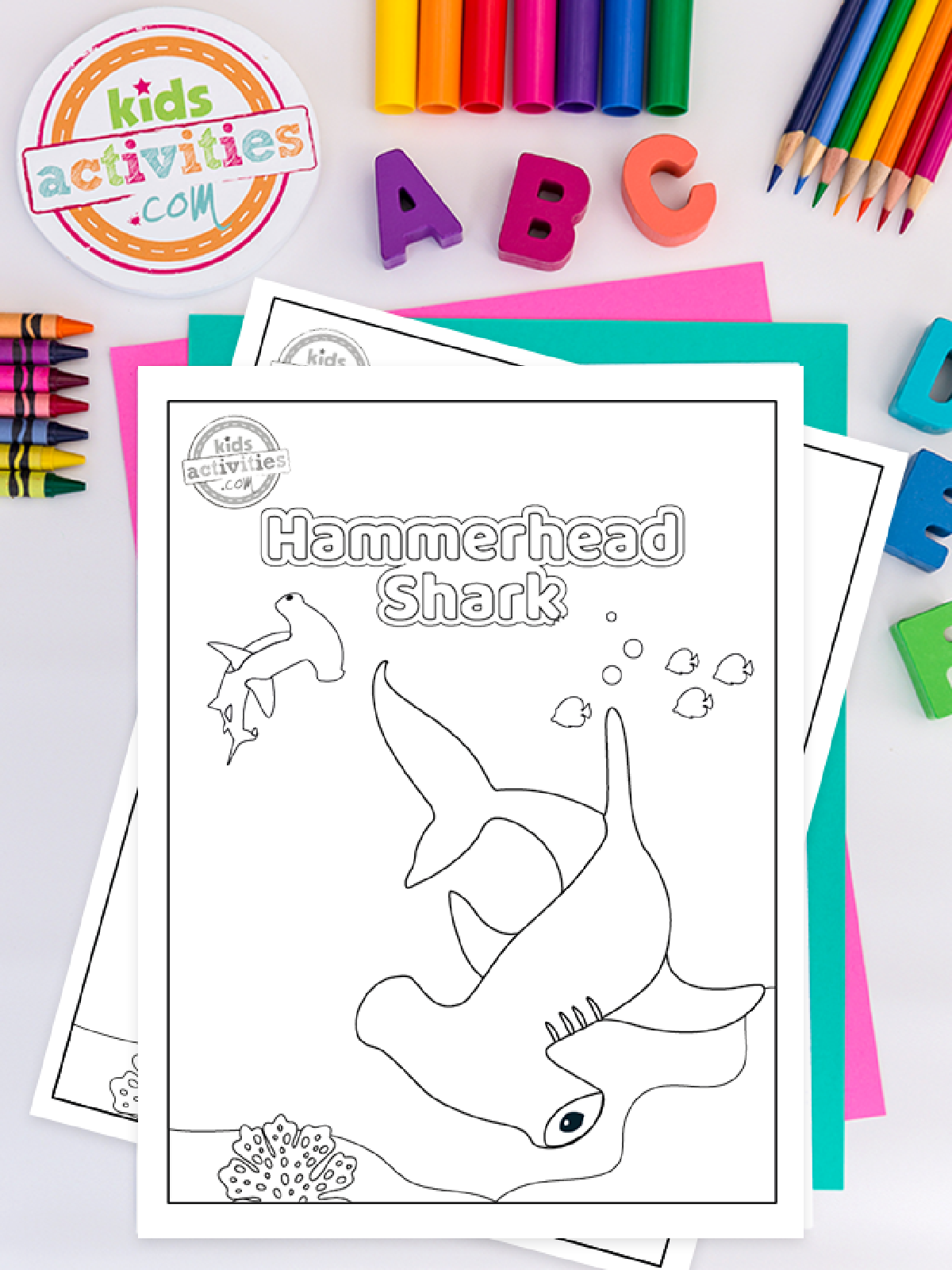 Shark coloring sheets- printed pdf file black and white on a colorful background- kids activities blog