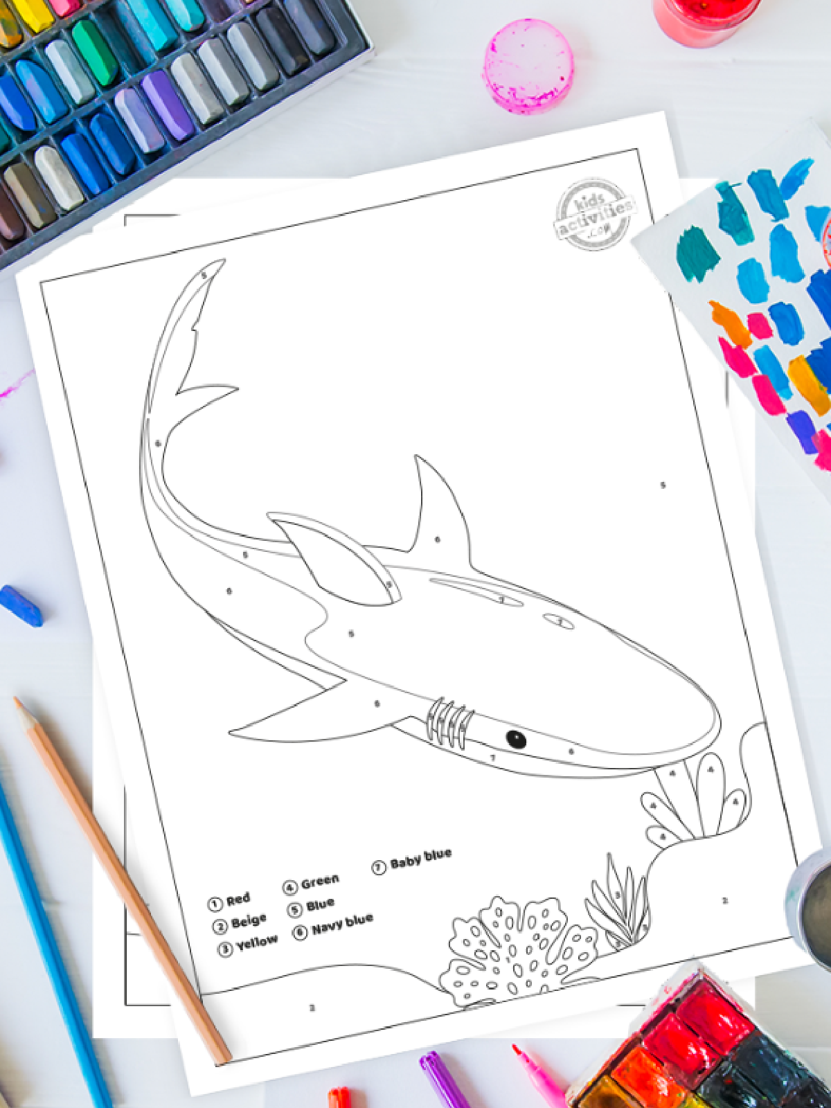 Shark Color By Number- color by number worksheet with a shark on a colorful background-Kids Activities Blog