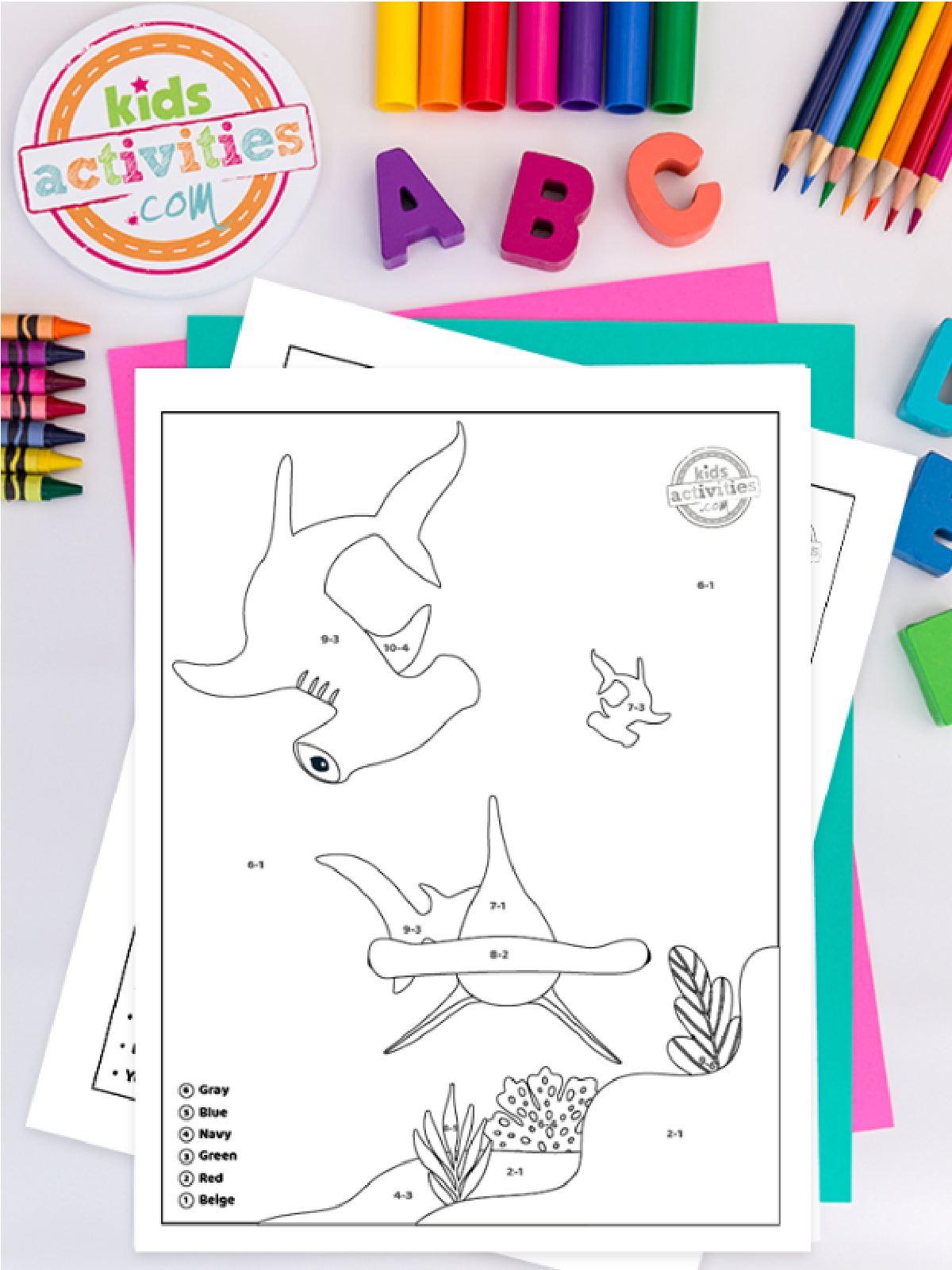Shark Color By Number- hammerheads on an ocean background-Kids Activities Blog