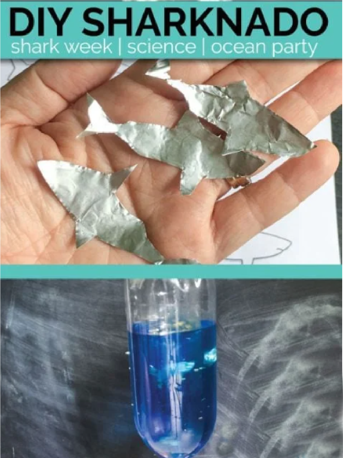 Shark Science- Sharknado- bottle with water and silver sharks- kids activities blog