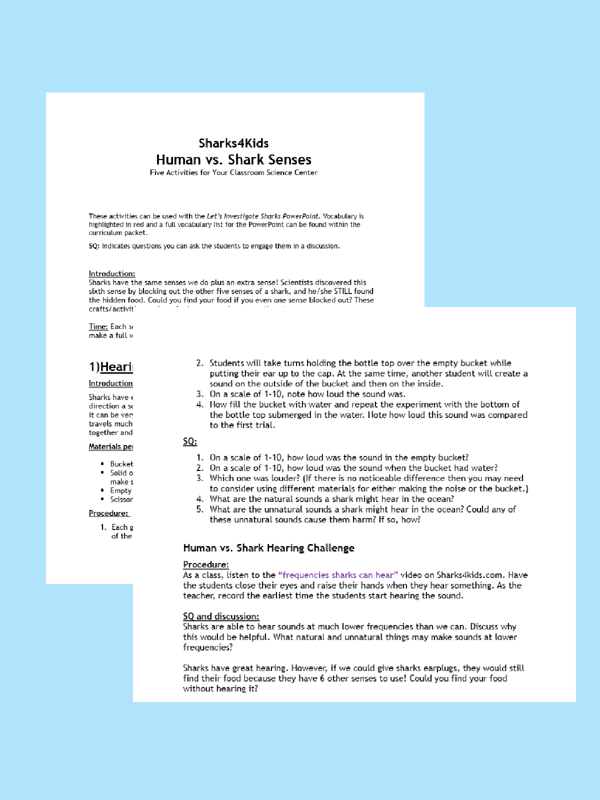 Shark Science- printed pdf texts black and white against a blue background- kids activities blog