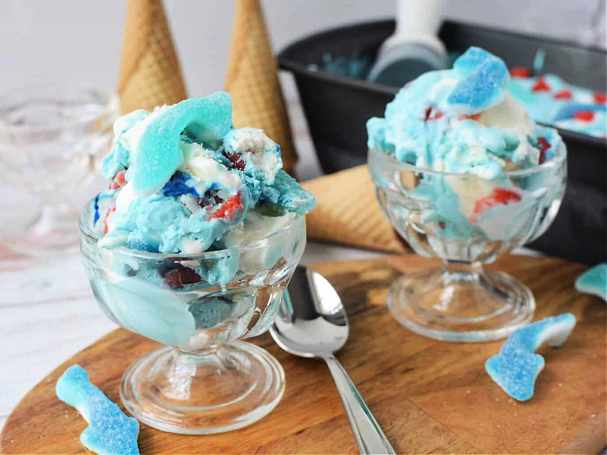 Shark Week Food-Ice cream in a bowl with blue and red with gummies -Kids Activities blog