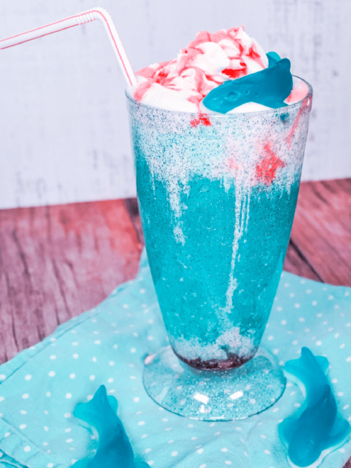 Shark Week Food- float with ice cream, strawberry sauce, gummy shark and blue soda-kids activities blog