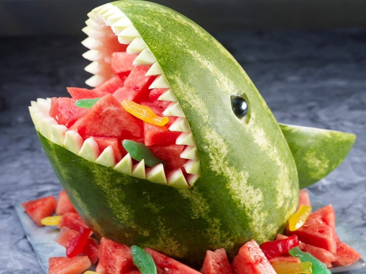 Shark Food- Watermelon shark with fresh fruit and gummies- kids activities blog