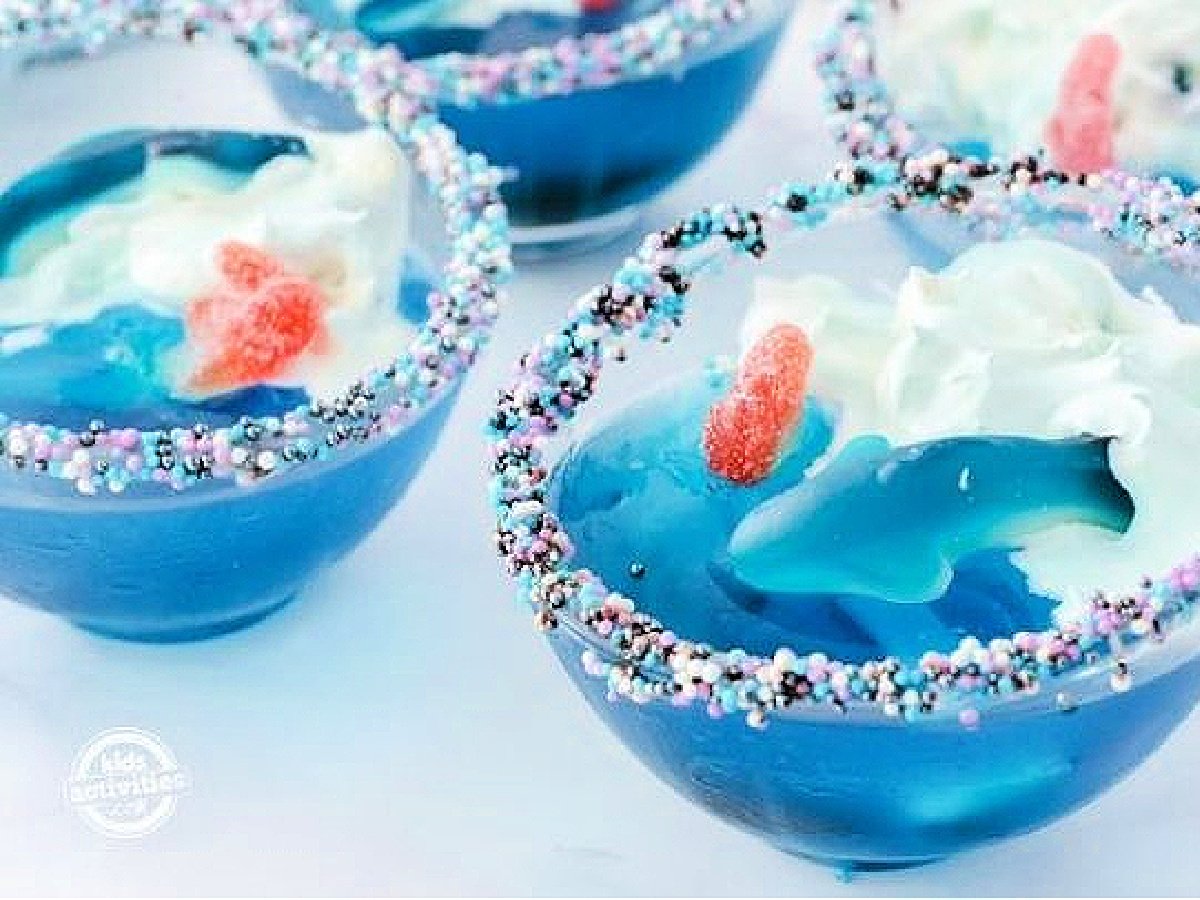 Shark Party- Jello cups with gummies and whipped cream- kids activities blog