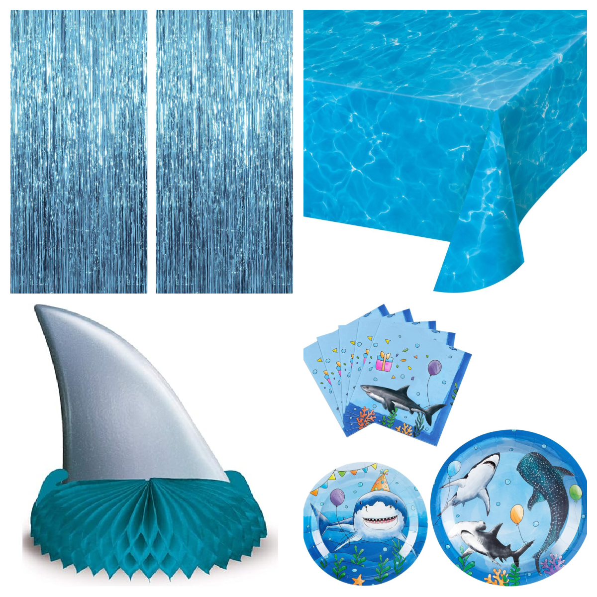 Shark Party- Table settings with tassles, tables cloth, centerpiece fin, and shark plates and napkins- kids activities blog