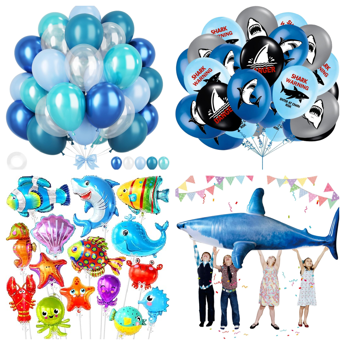Shark Party- balloons that are plain blue and white, shark balloons, giant shark, and sea animal balloons- kids activities blog