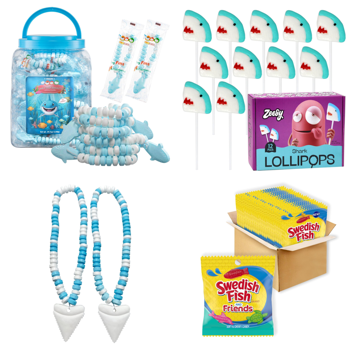 Shark week party candy- shark bracelets, suckers, shark teeth necklaces, swedish fish- kids activities blog