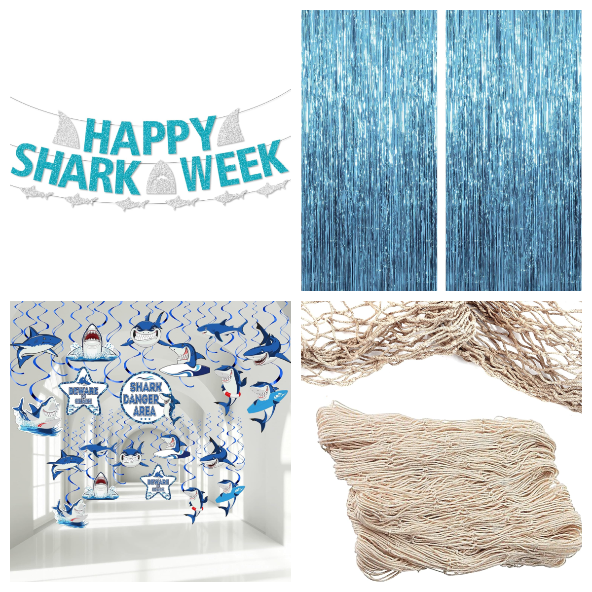 Shark Party- Decorations with streams, netting, and a banner- kids activities blog