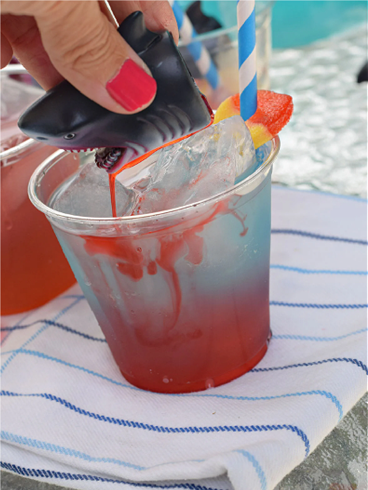 Shark Party- Shark attack drink with toy, blue drink, with red- kids activities blog
