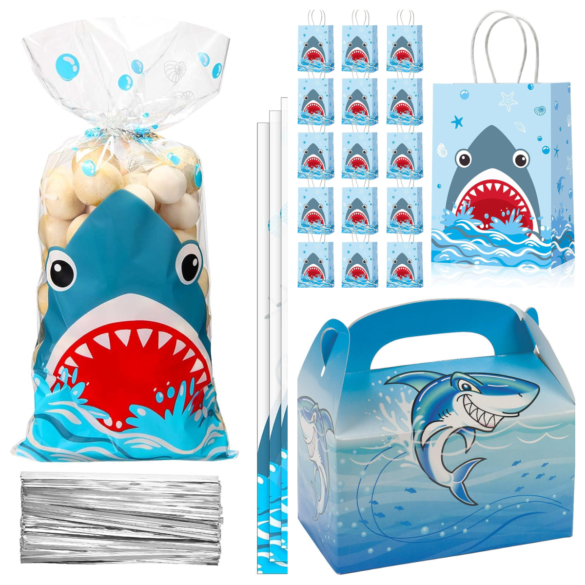 Shark Week Party- goodie bags with boxes, paper bags, and plastic bags- kids activities blog