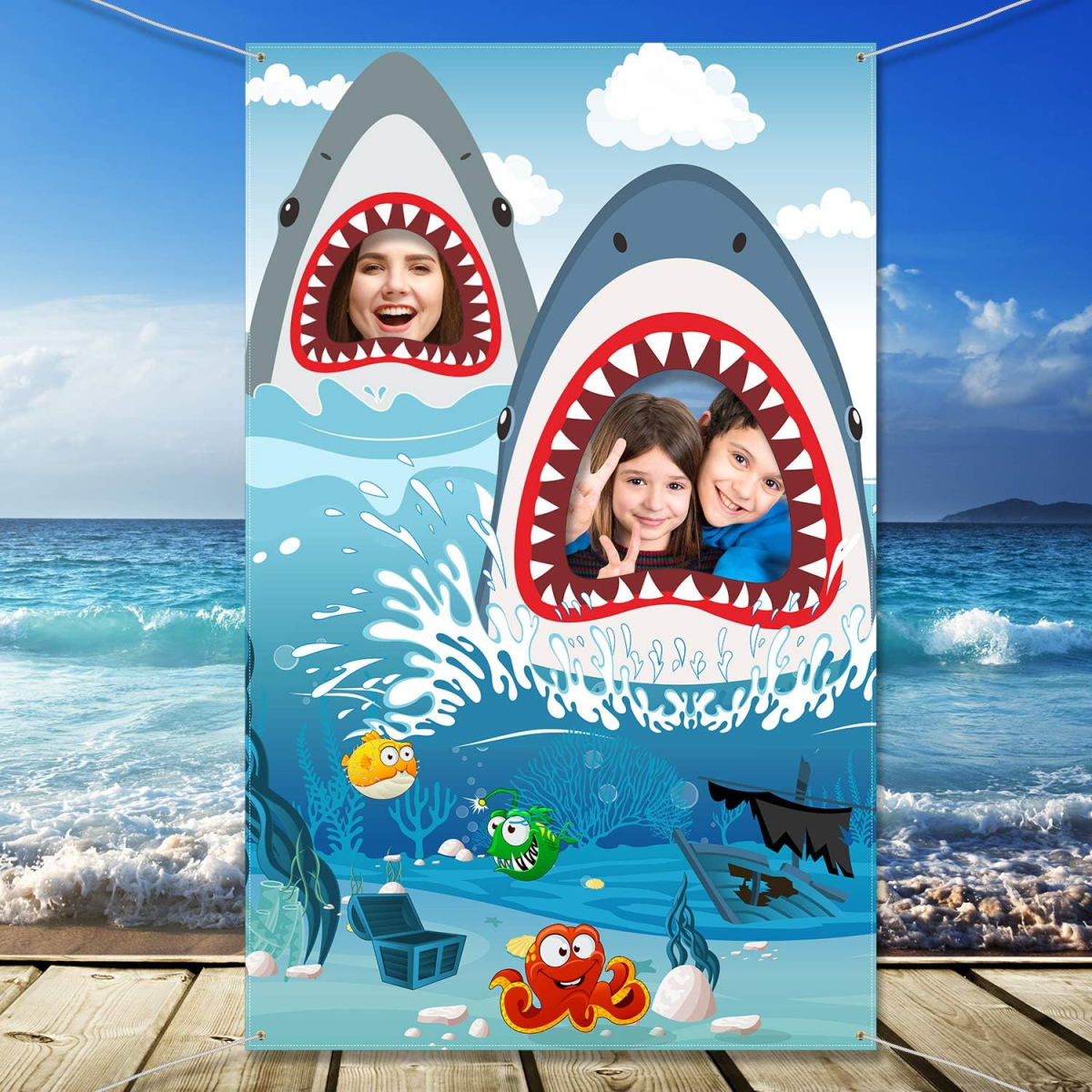 Shark Party- Photo booth backdrop with shark mouths and the ocean- kids activities blog