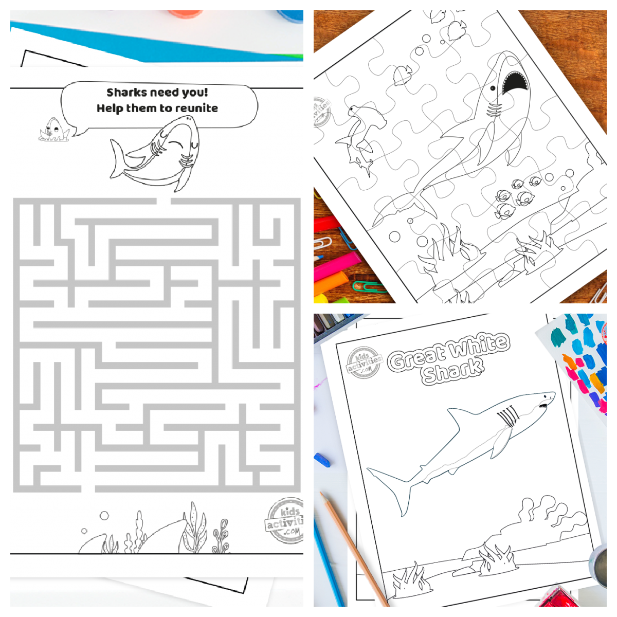 Shark Week- printables with mazes, coloring pages, and puzzles- kids activities blog