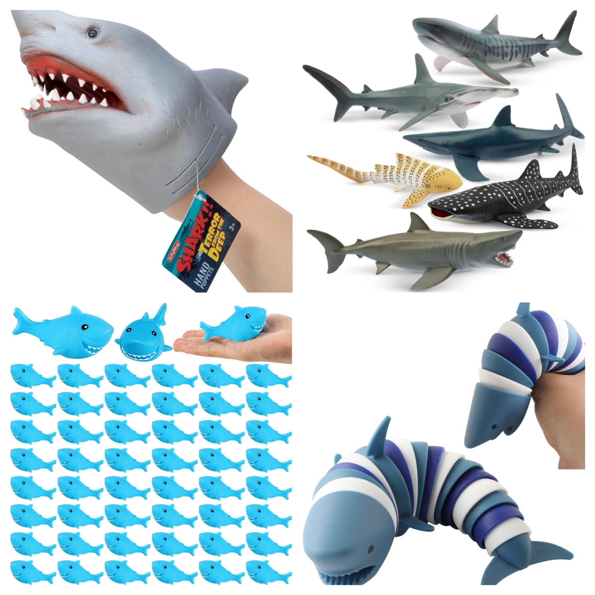 Shark week party toys- puppet, plastic figurines, rubber sharks, and sensory sharks- kids activities blog