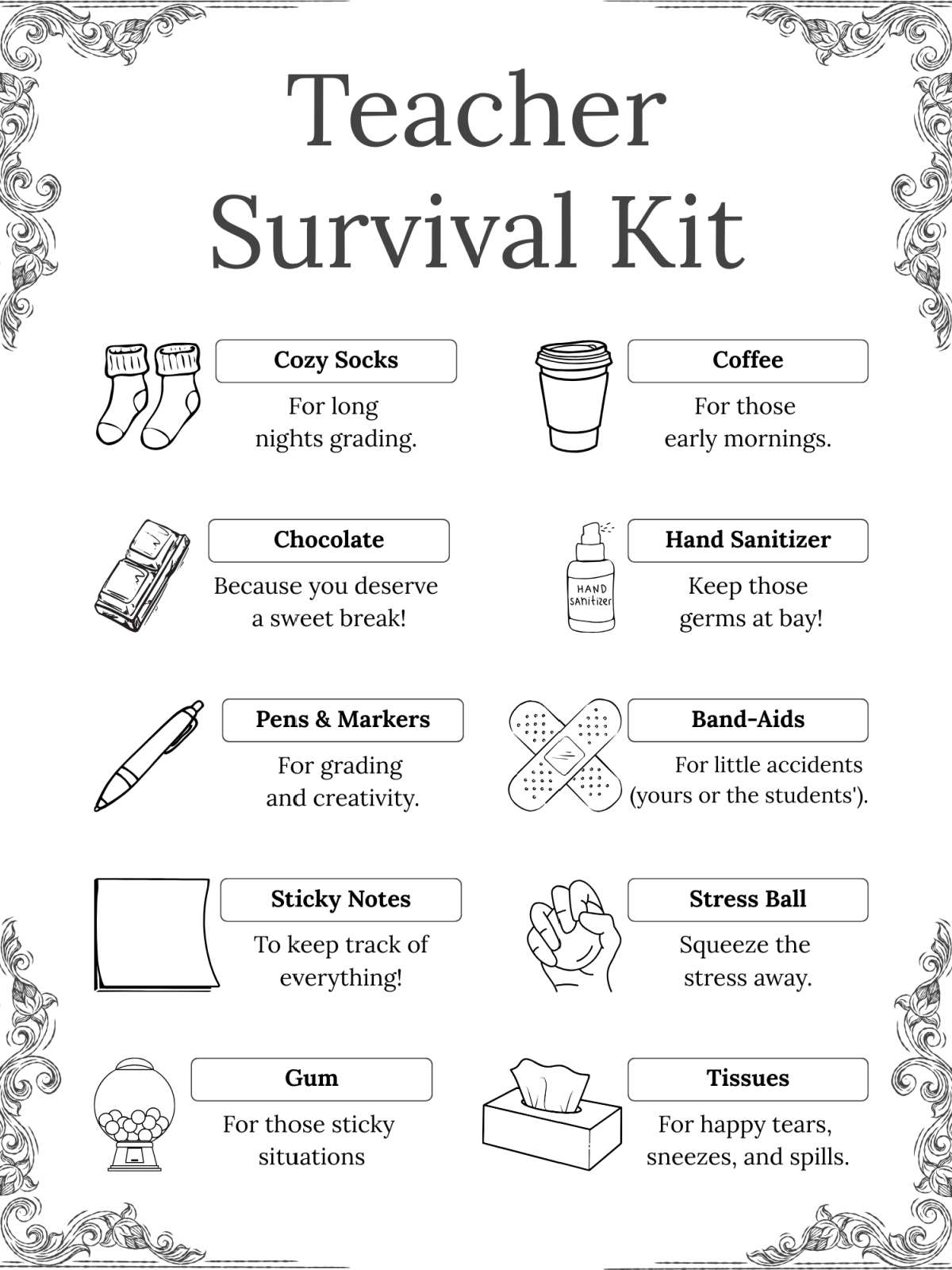 Gift For Teachers- Page 4- Extensive black and white printed pdf file with images, text, and border -Kids Activities Blog