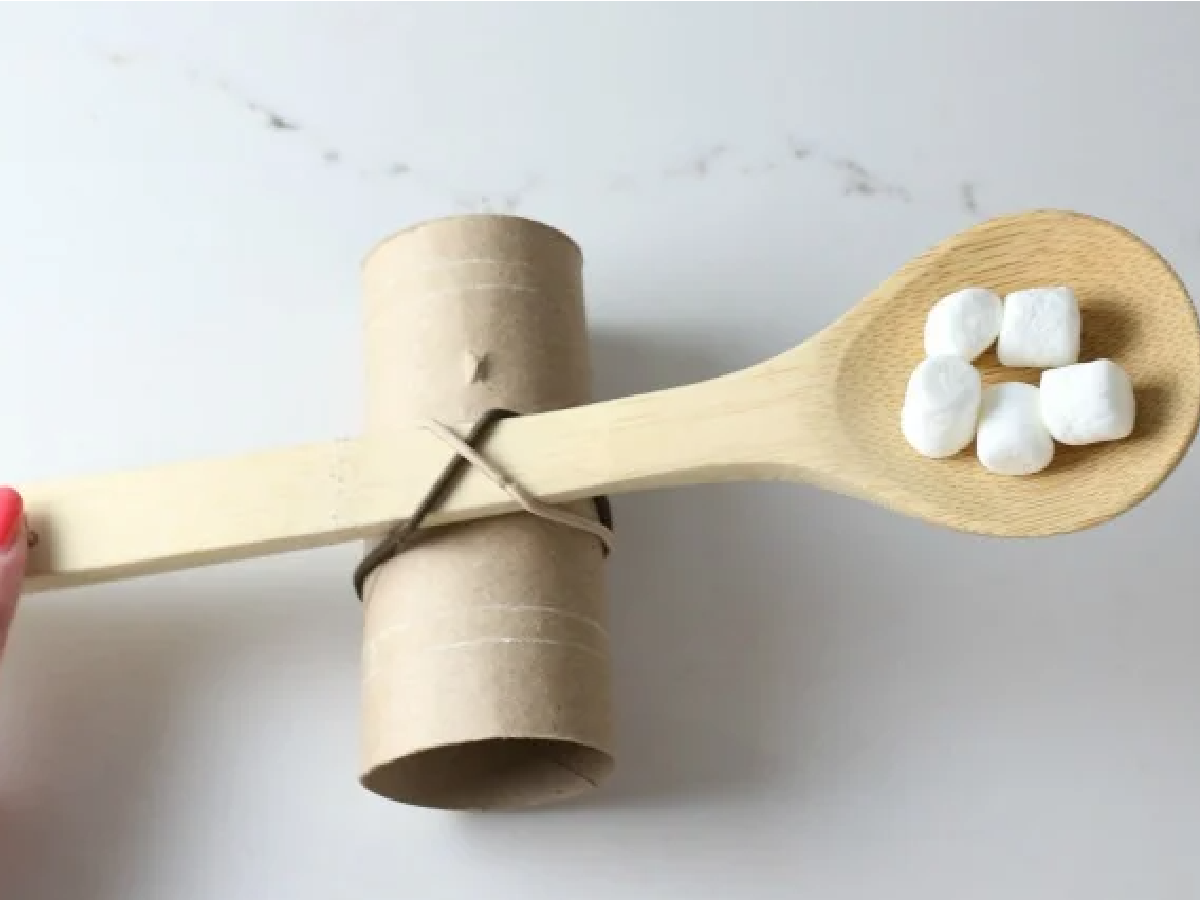Catapult Craft- toilet paper roll, wooden spoon, rubber bands, with marshmallows- kids activities blog