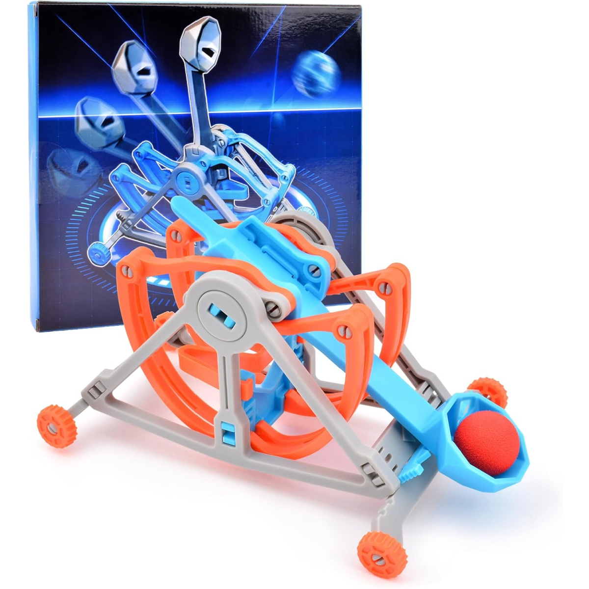 Catapult Craft- plastic blue and orange catapult with foam ball- kids activities blog