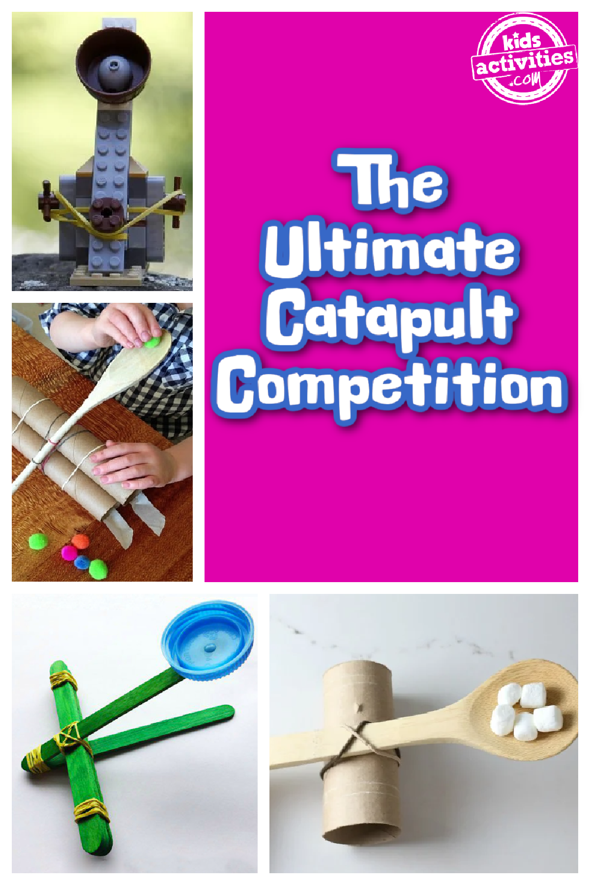 Catapult Competition- 4 catapults with pink background and text- kids activities blog