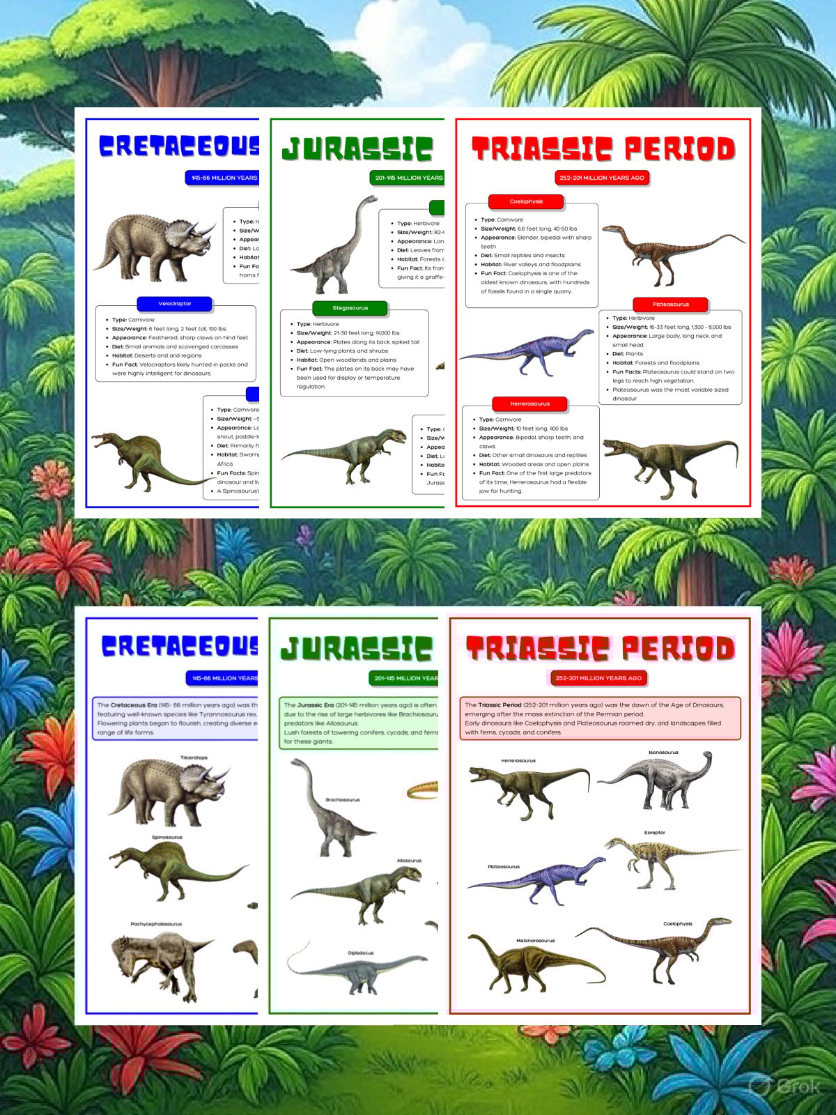 Dinosaur Worksheets- Era info printed pdf blue green and red sheets about dinosaurs on a jungle background- kids activities blog