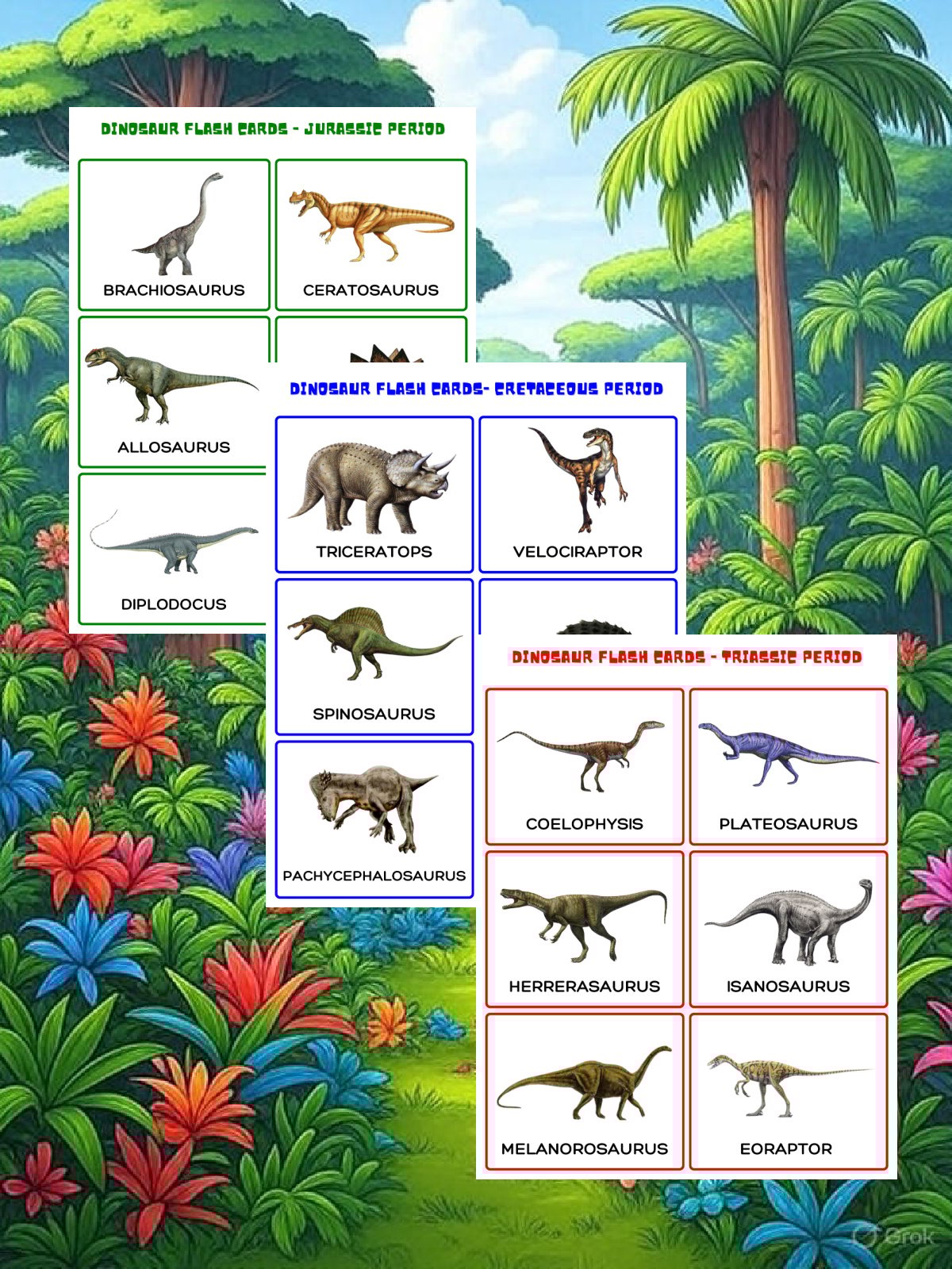 Dinosaur worksheets- dinosaur flashcards printed pdf file in green, blue, and red with pictures on a jungle background- kids activities blog