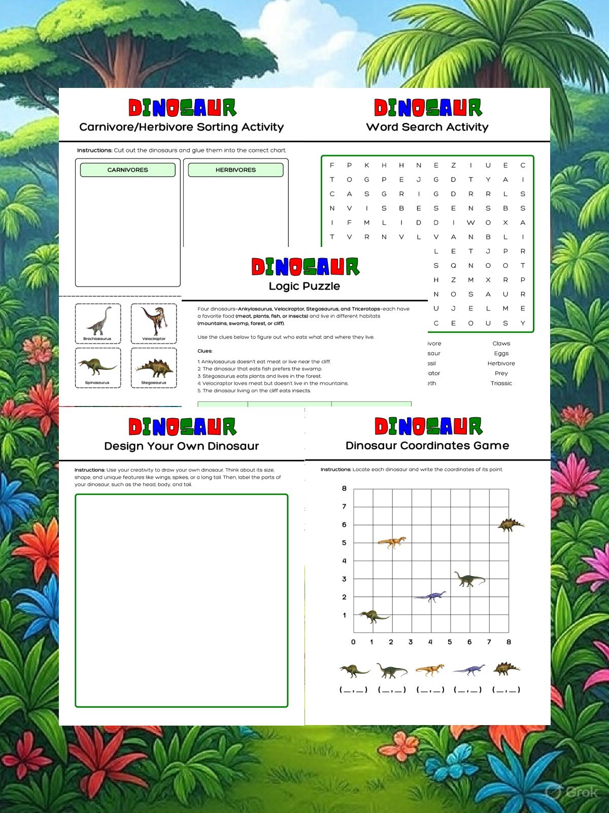 Dinosaur worksheets- games and activities printed pdf file with colors- kids activities blog