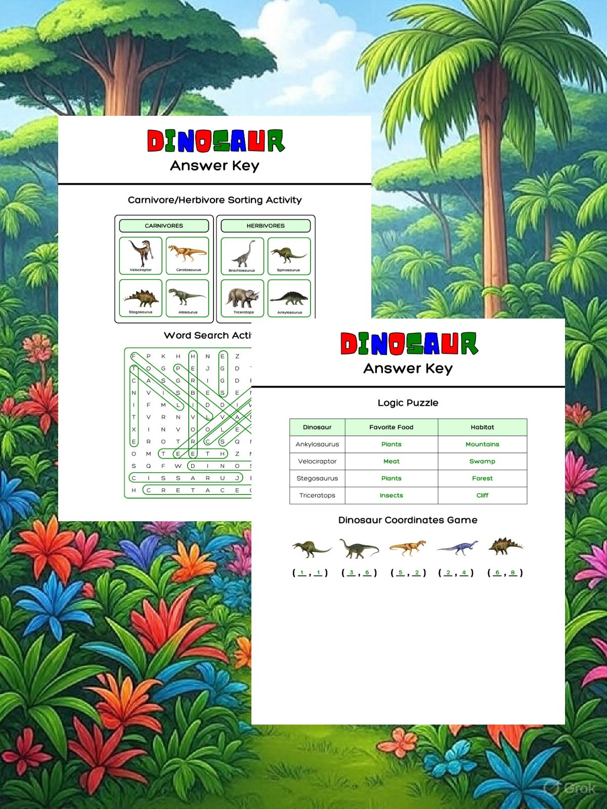 Dinosaur answer keys- printed pdf files with answers for the games and activities against a jungle background- kids activities blog