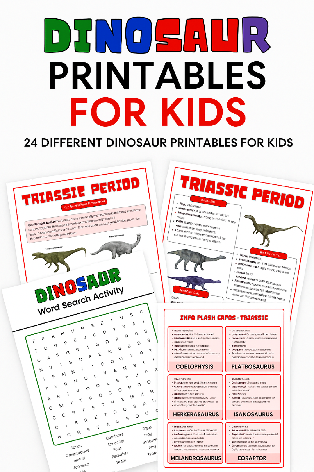 Dinosaur worksheets for kids- text with blue green red and black and printed pdf file sheets- kids activities blog