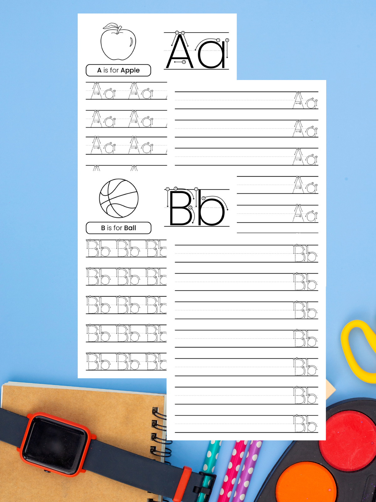 Alphabet Worksheets- 2 worksheets, A and B, against a blue background with school supplies- kids activities blog