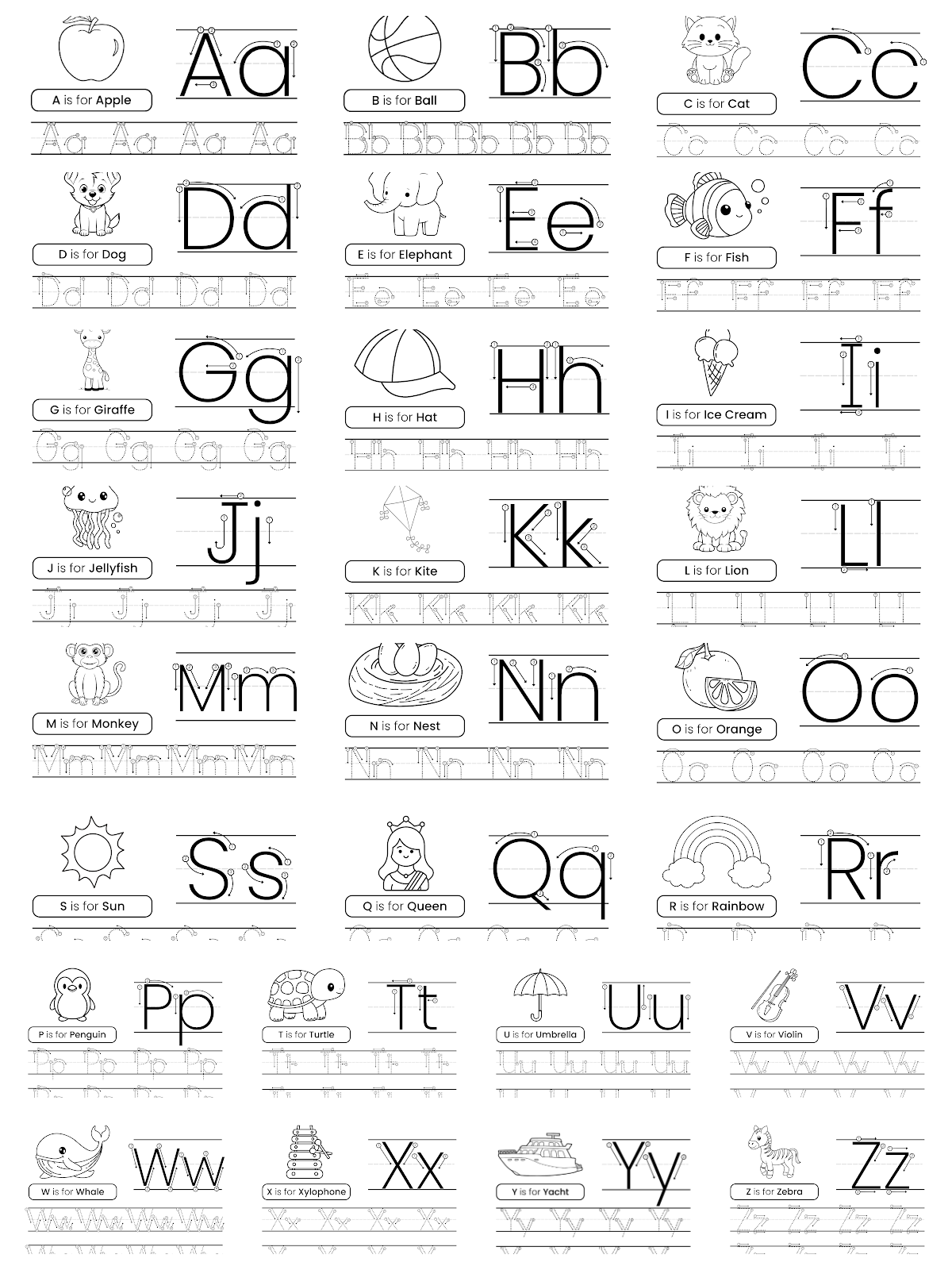 alphabet worksheets- letter tracing worksheets A-Z printed pdf file black and white- kids activities blog