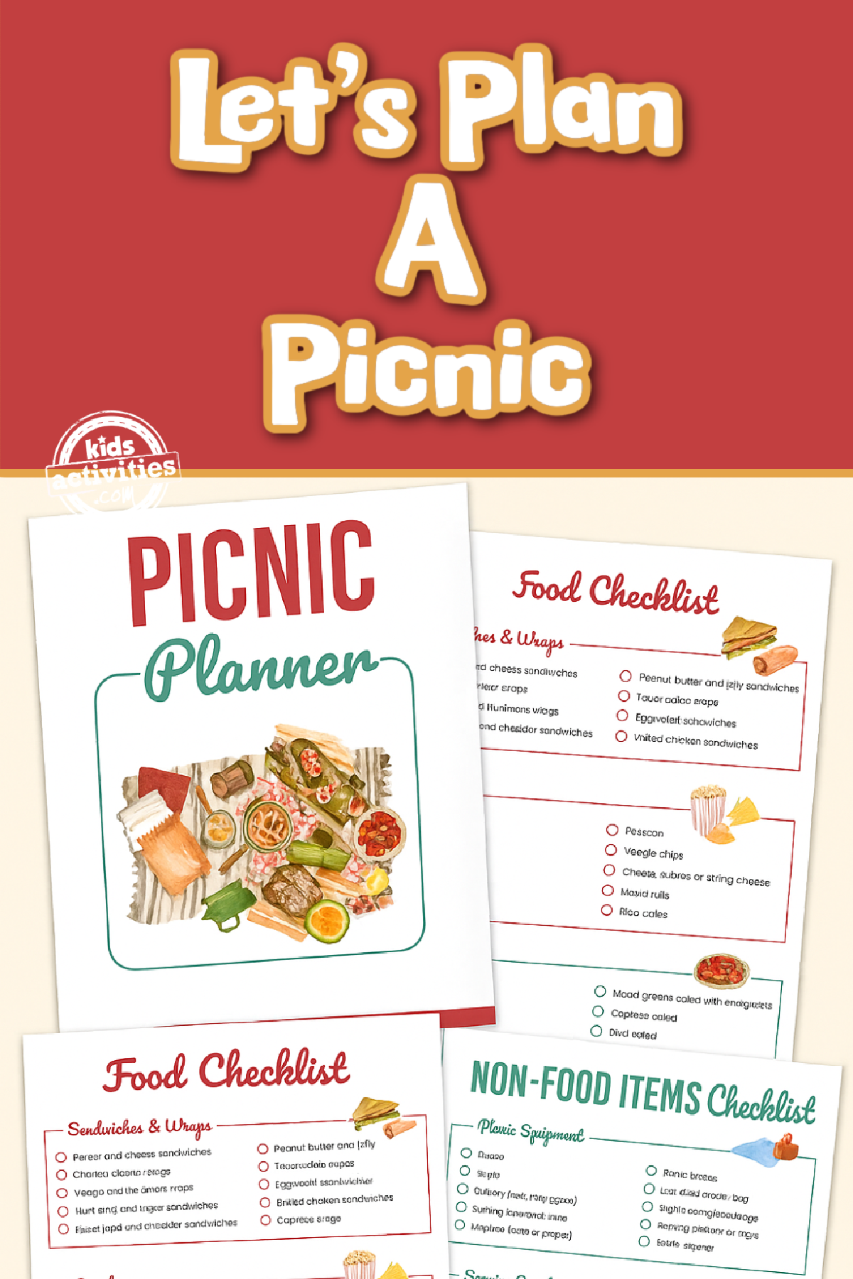 Picnic Planner- printables with text on a beige and red background- kids activities blog