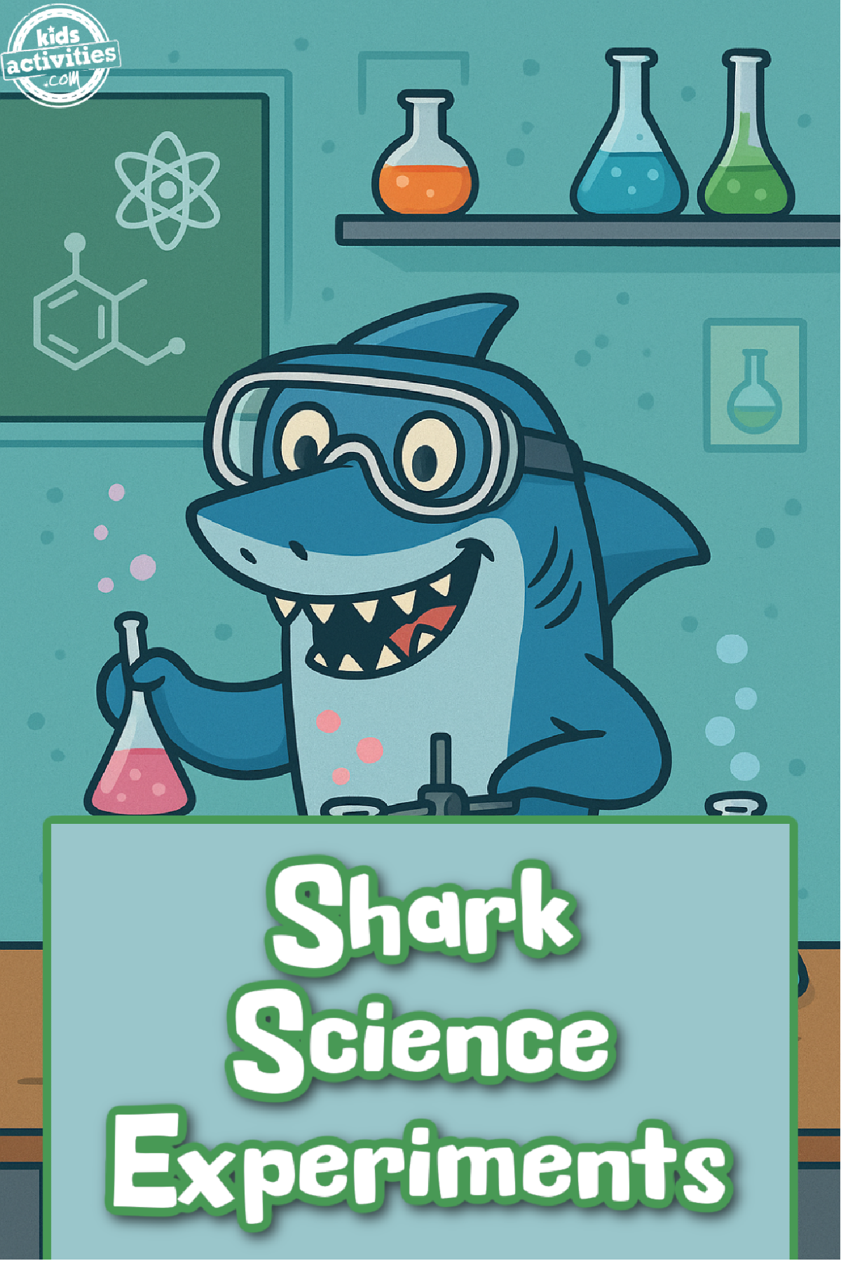 Shark Science- Shark with a chemistry set and text- kids activities blog