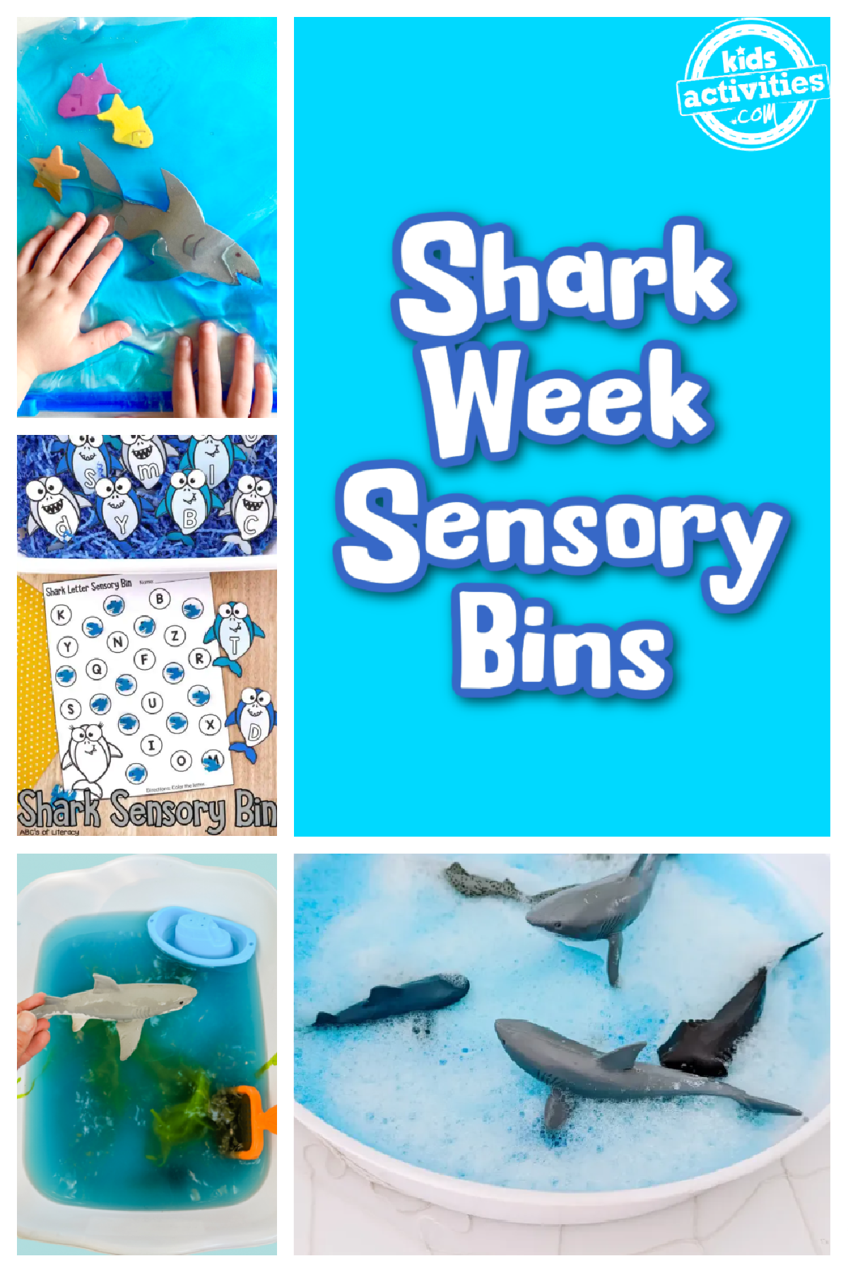 Sensory Bin- text and blue with 4 different sensory bins and bags- kids activities blog