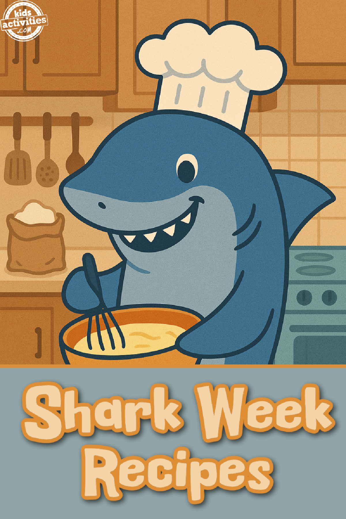 Shark Recipes- Shark whisking a bowl with a chefs hat- kids activities blog