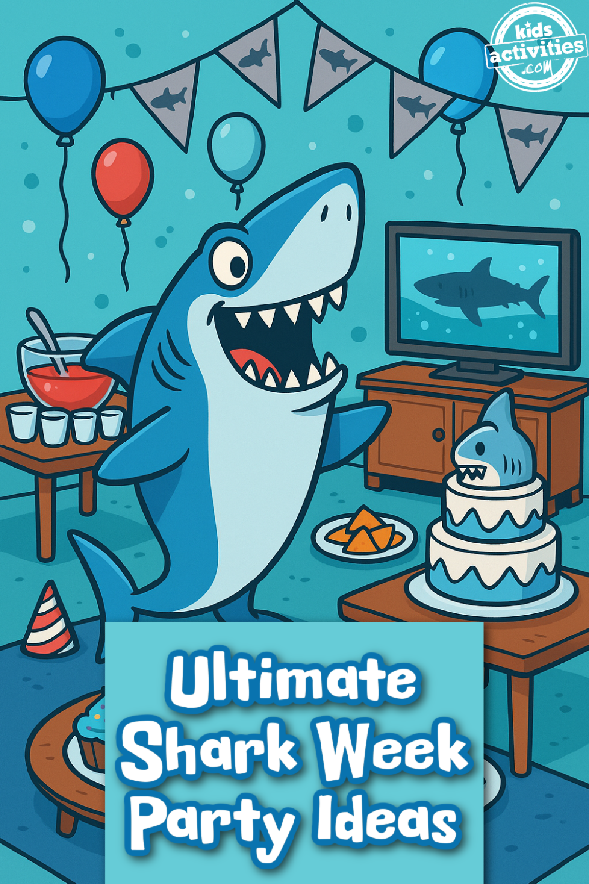 Shark Week Party- text with a party background with a happy shark- kids activities blog
